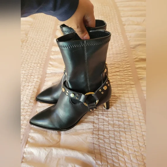 Dolce Vita Black Heeled Boots with Gold Accents - Picture 8 of 11
